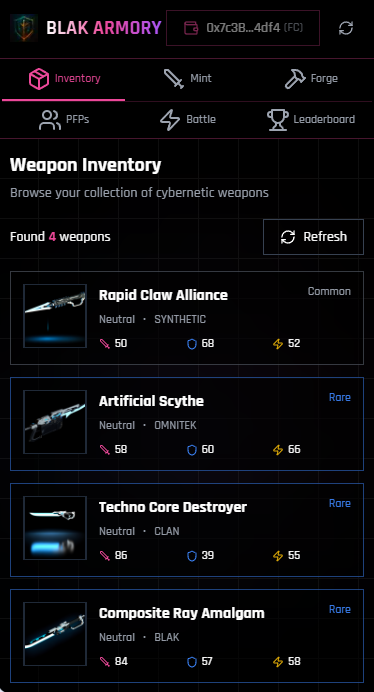 Blak Armory - Cyberpunk NFTs - Farcaster Mini Apps screenshot